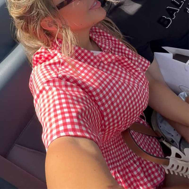 Women Two-Piece Check Pattern Set with Tailored Blouse and Sporty Shorts Lisslune