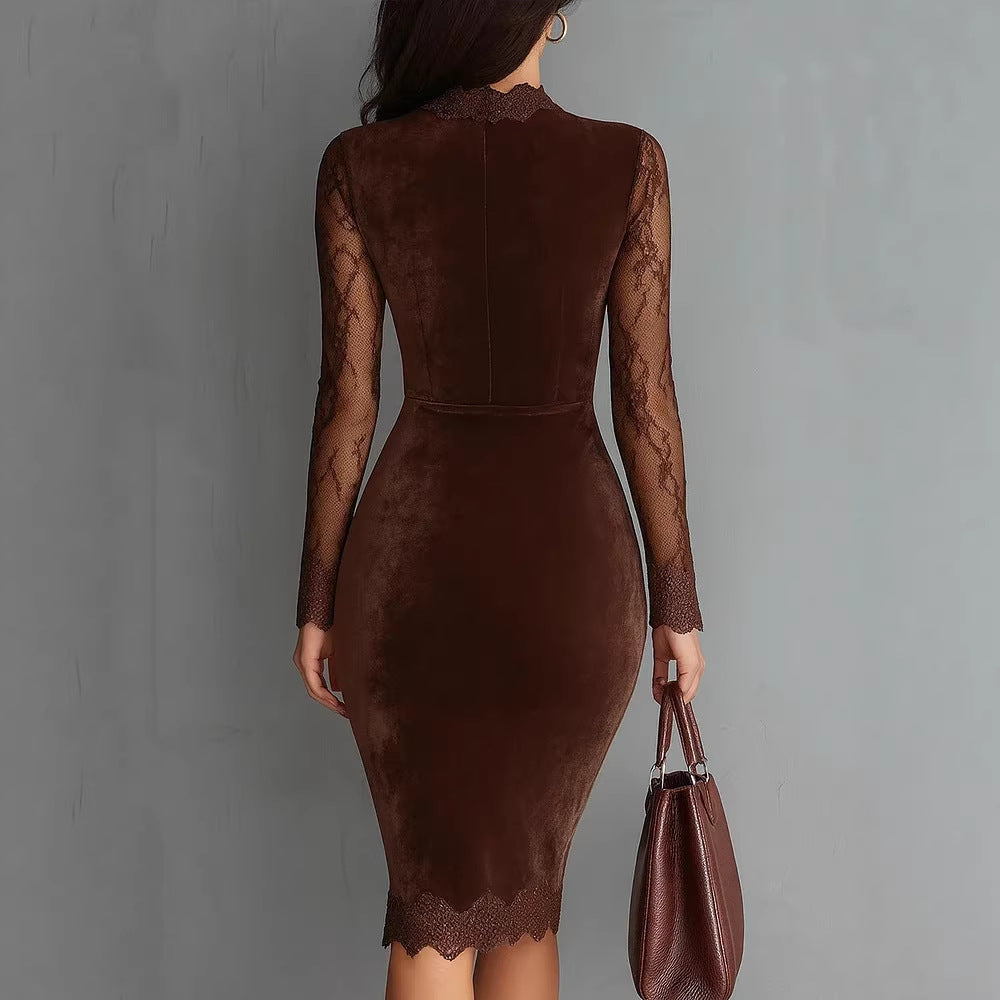 Women Elegant Velvet Dress with Lace Inserts and Tailored Cut Lisslune