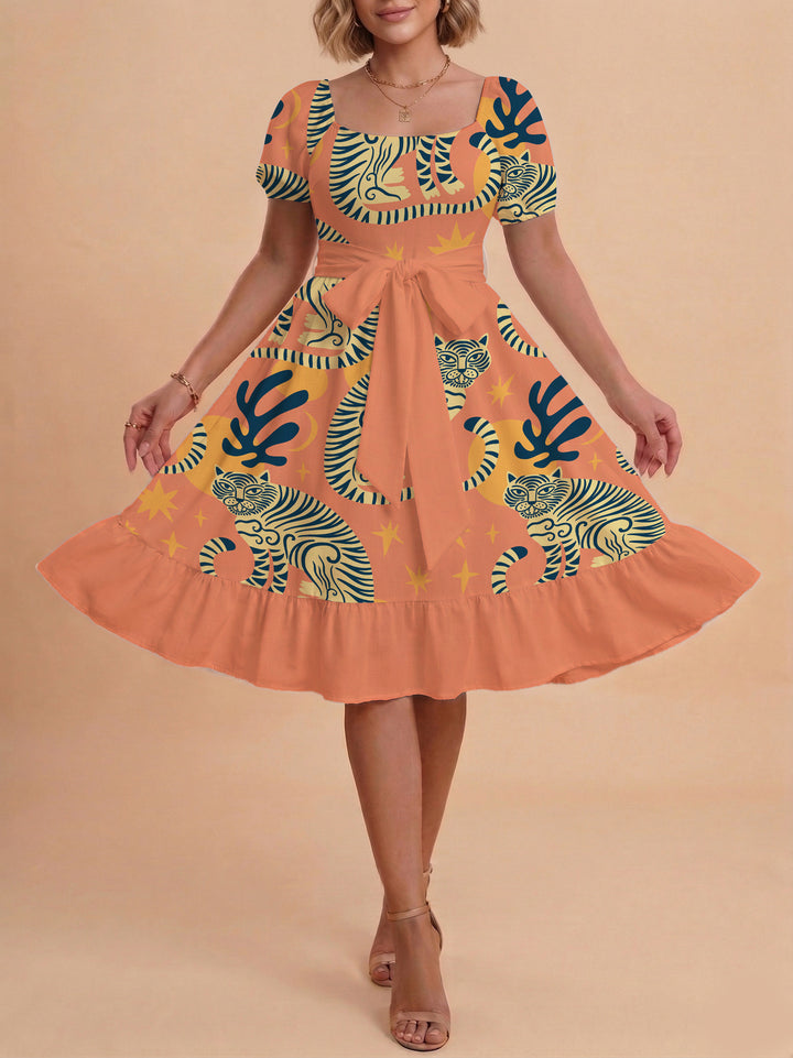 Women A-line dress with floral motifs and adjustable belt Lisslune