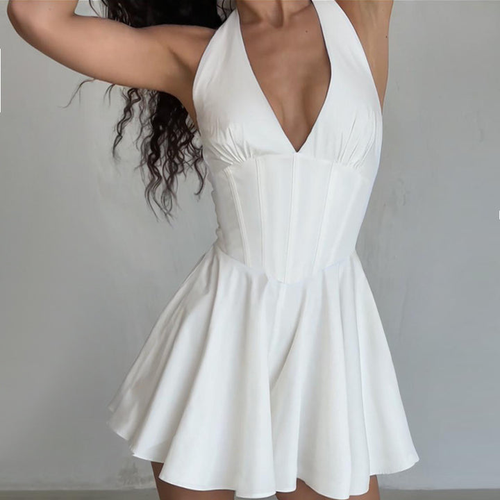 Ladies Playful Cocktail Dress with Deep V-Neck and Flowing Skirt Lune London