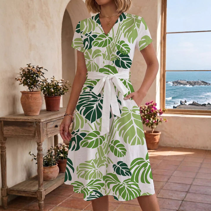 Women's casual maxi dress with adjustable knot and decorative check pattern Lisslune