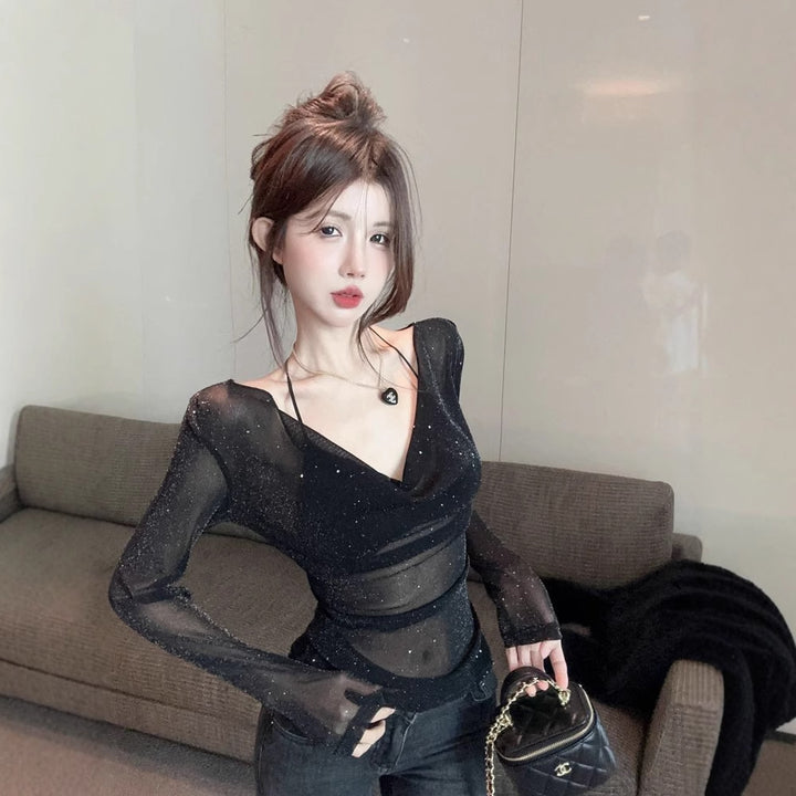 Women's sparkling long-sleeve top with deep V-neck and transparent details Lisslune