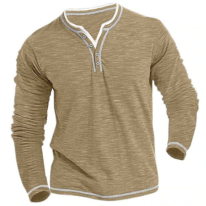 Men's Long Sleeve Henley Shirt with Contrast Stitching Lisslune