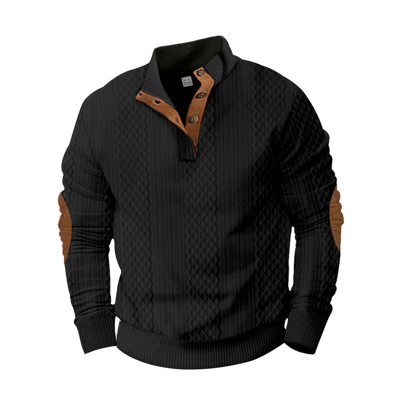 Men's knit sweater with innovative stand-up collar and modern leather appliqués Lisslune