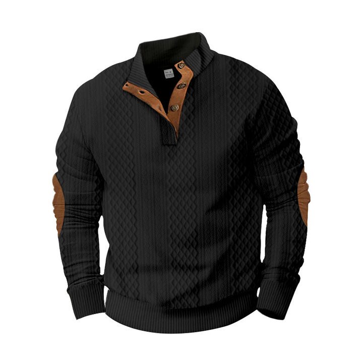 Men's knit sweater with innovative stand-up collar and modern leather appliqués Lisslune