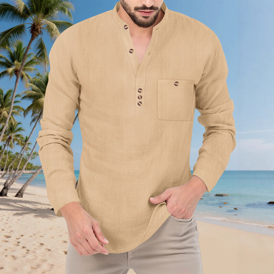 Men's Casual Long Sleeve Shirt with Button Placket and Chest Pocket Lisslune