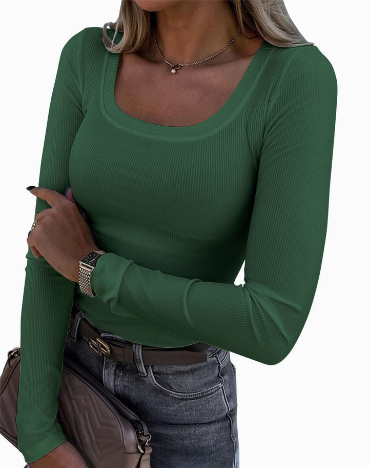 Women’s Long Sleeve Ribbed T-Shirt with Elegant Boat Neck Lisslune