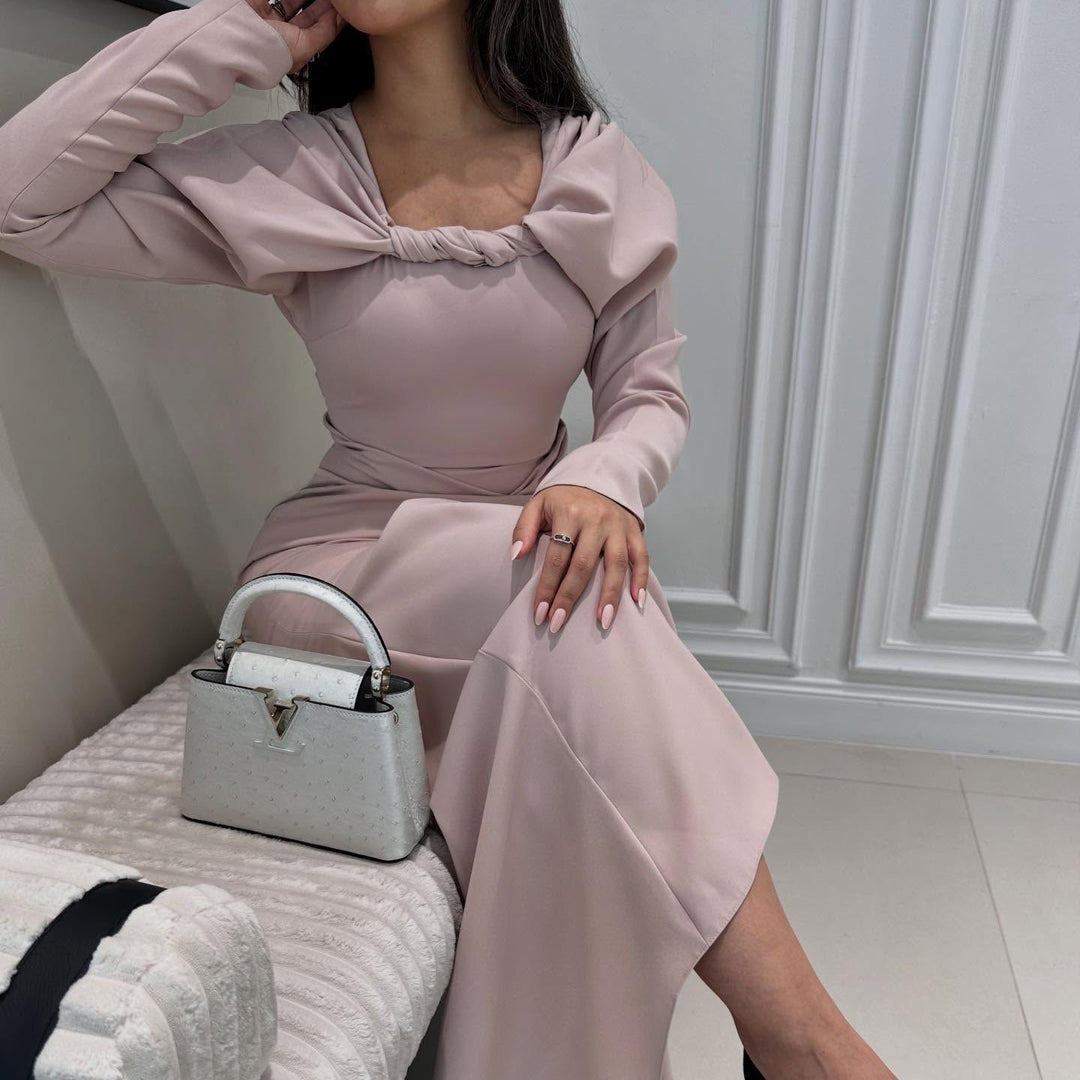 Women's maxi dress with elegant wrap neckline and figure-hugging silhouette