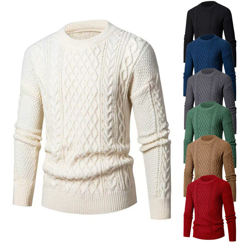 Men's Chunky Knit Sweater with Cable Pattern and Classic Round Neckline Lisslune
