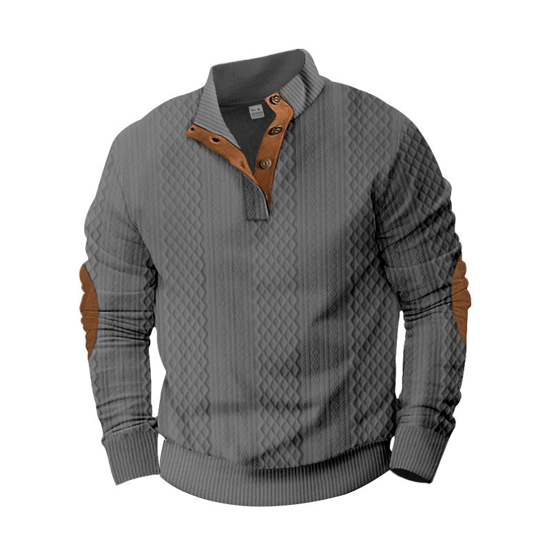 Men's knit sweater with innovative stand-up collar and modern leather appliqués Lisslune