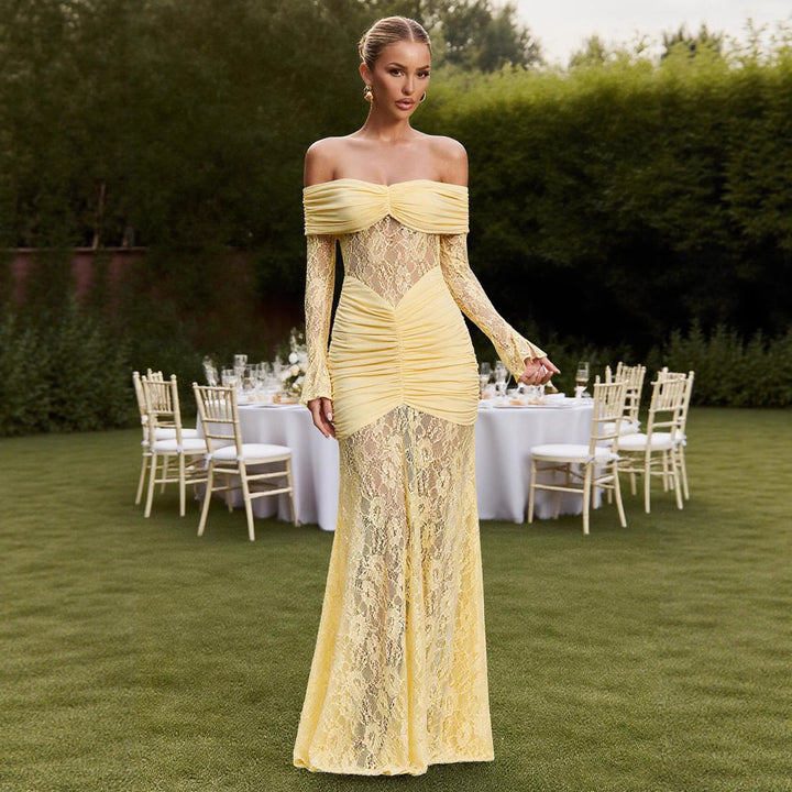 Women's Elegant Lace Evening Dress with Off-the-Shoulder Silhouette and Refined Ruffle Details