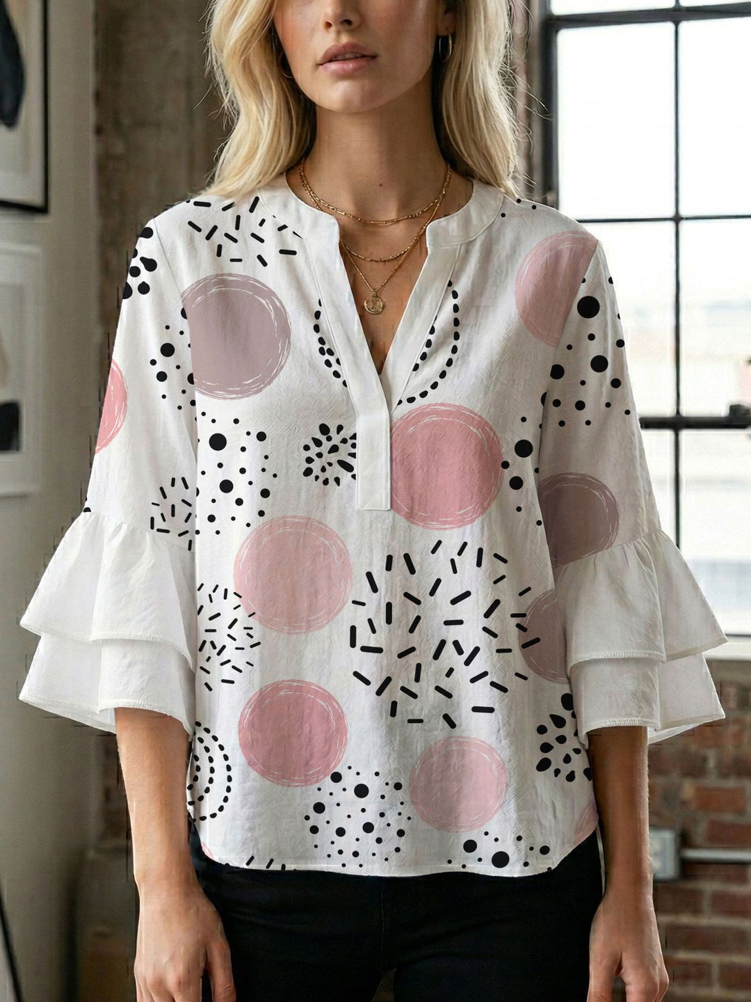 Women's blouse with voluminous wing sleeves and intense leaf pattern Lisslune