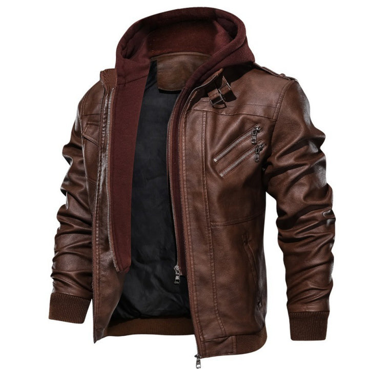 Men's synthetic leather biker jacket with detachable hood and modern zippers Lisslune