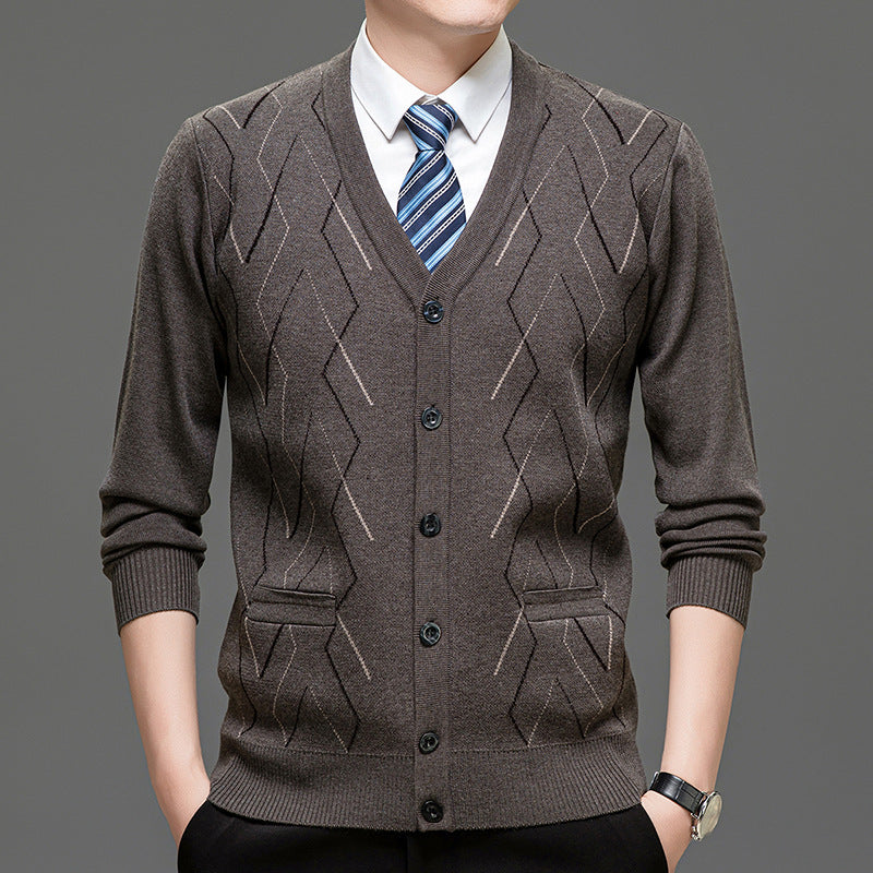 Men's Cardigan with Deep V-Neck and Elegant Diamond Pattern Lisslune