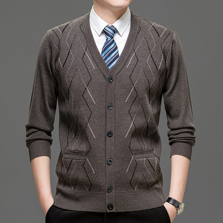 Men's Cardigan with Deep V-Neck and Elegant Diamond Pattern Lisslune