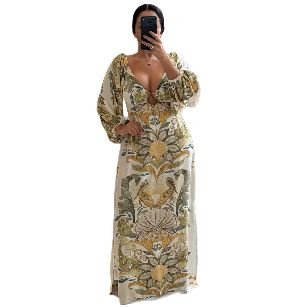 Ladies maxi dress with intricate floral design and deep V-neck