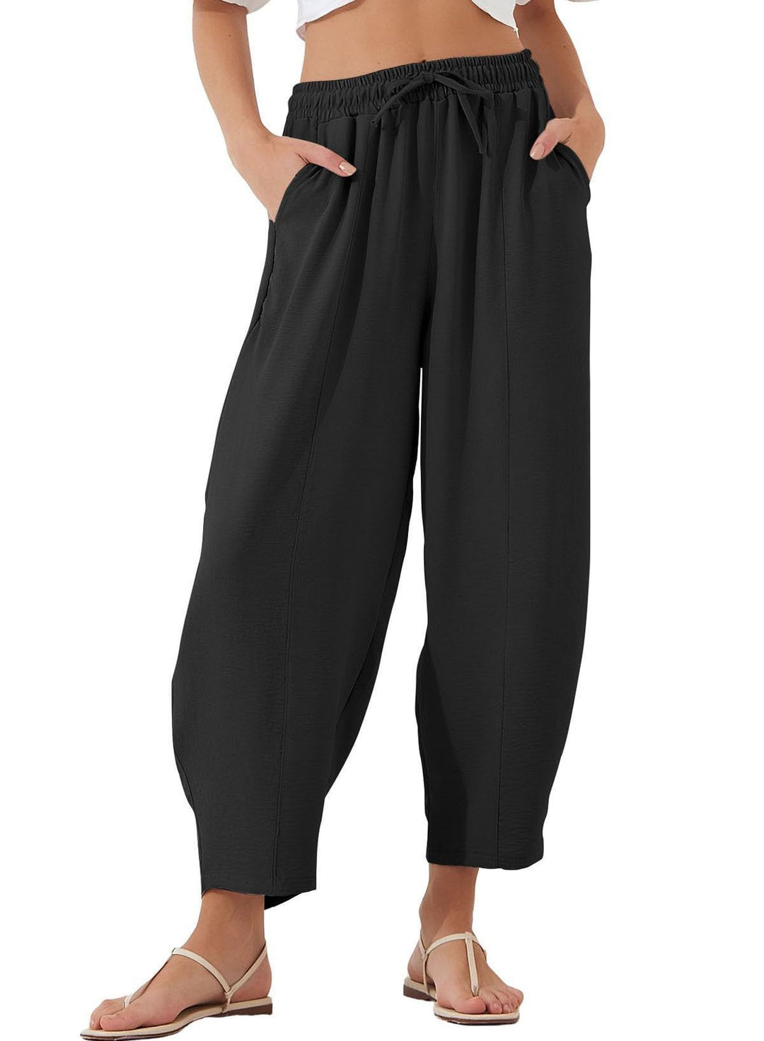 Damen Bequeme, weit geschnittene Sommerhose mit elastischem Bund und seitlichen Taschen Lisslune