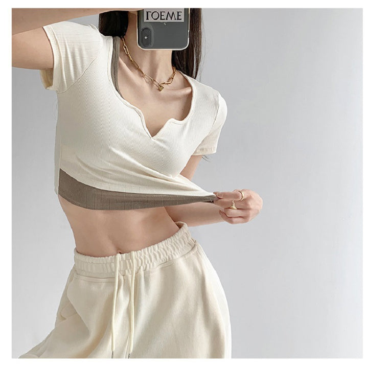 Women's casual cropped top with fashionable V-neck and texture