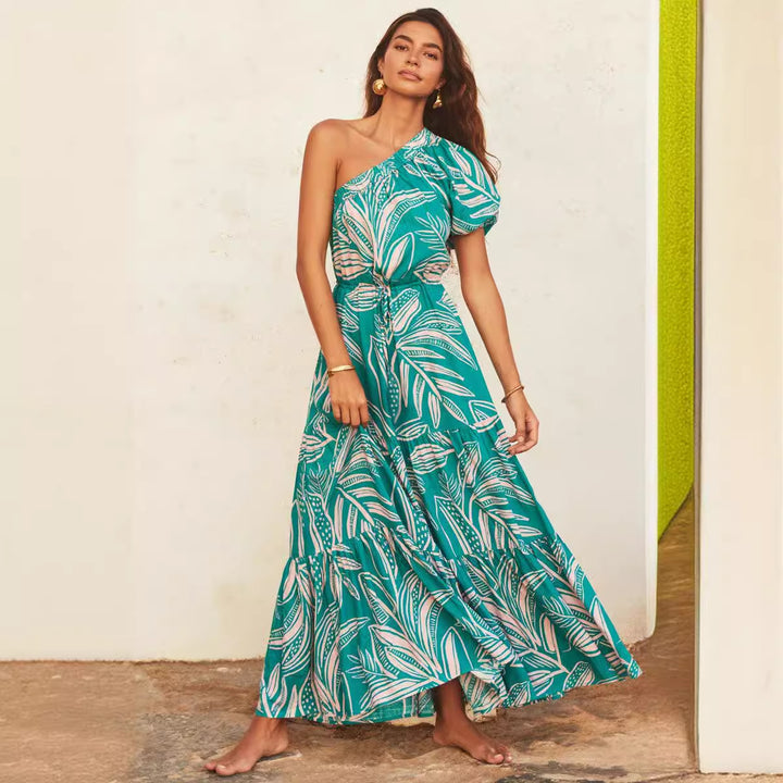 Women's maxi dress with sophisticated one-shoulder design and voluminous hem Lisslune