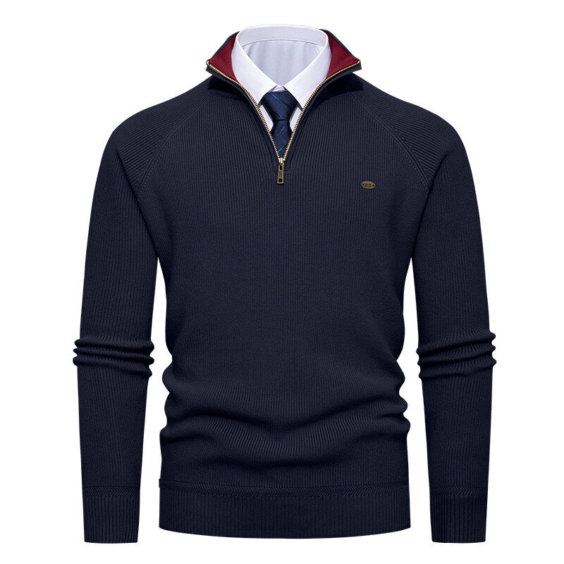 Men's Elegant Knit Sweater with Stand Collar and Zipper Lisslune