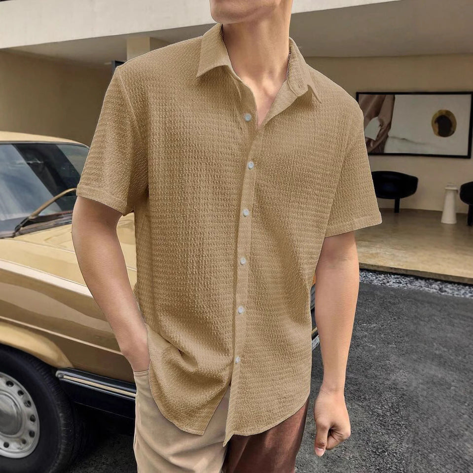 Men's short-sleeve shirt with textured fabric and fashionable collar Lisslune