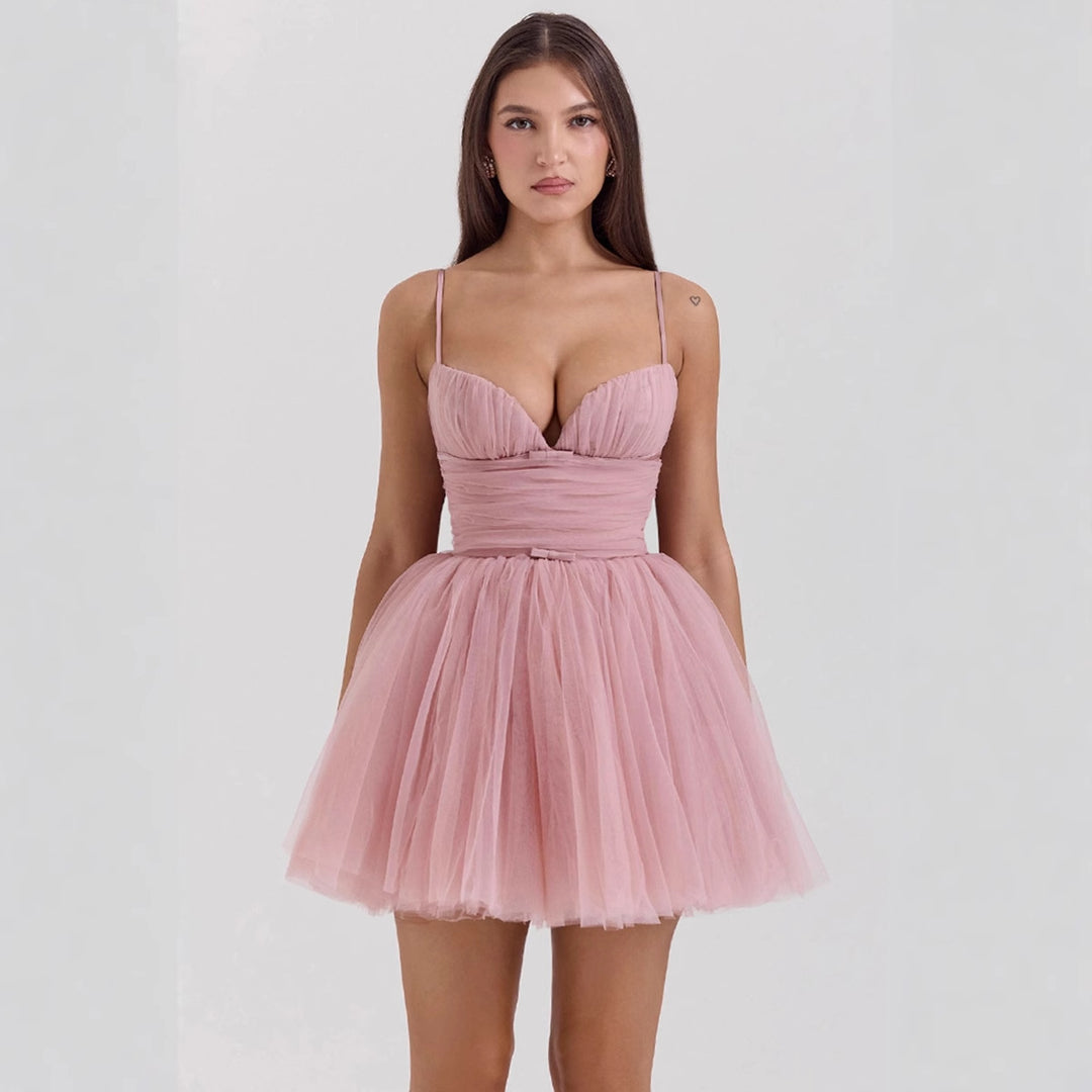 Women's tulle cocktail dress with deep V-neck and gathered bodice Lisslune