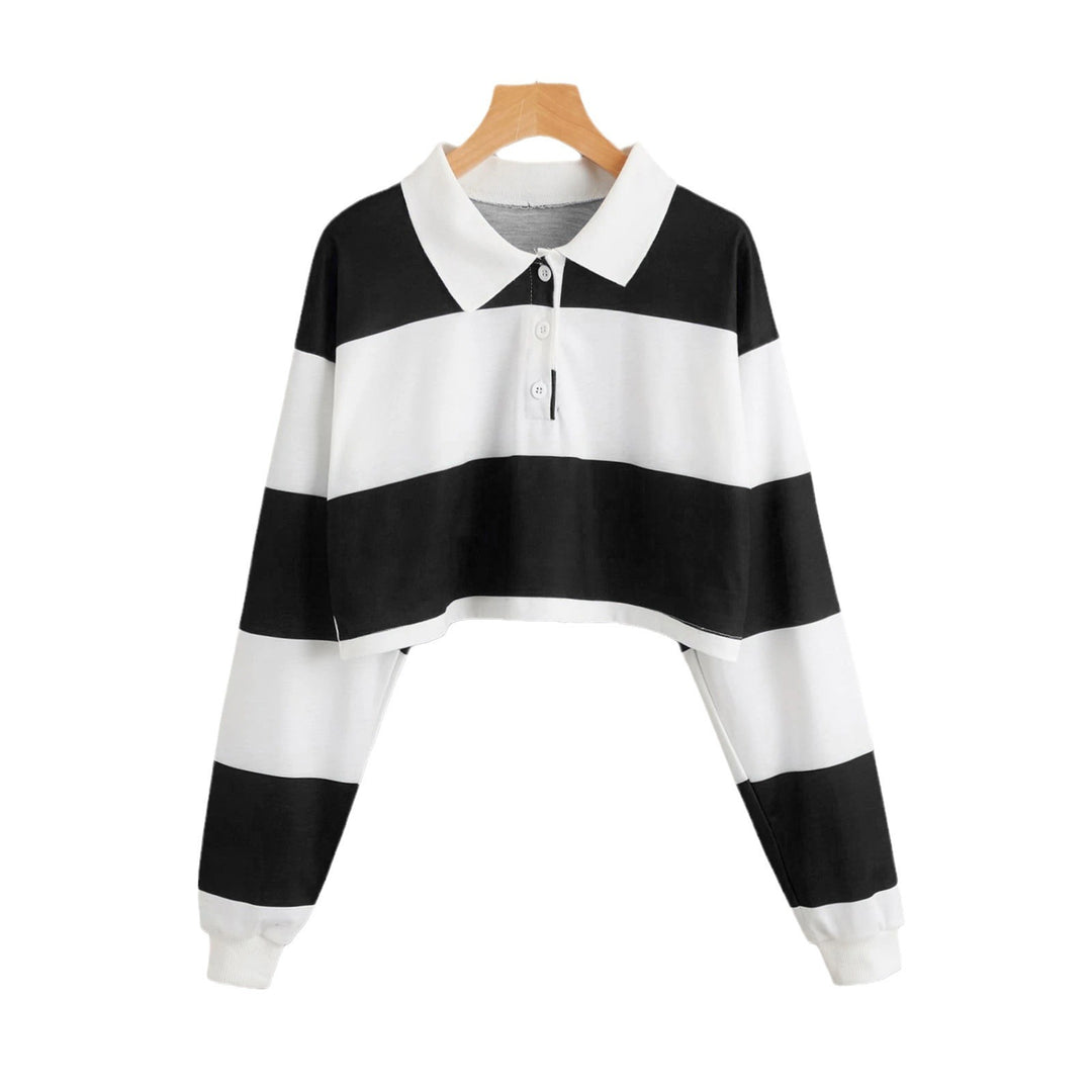 Women's Short Sleeve Polo Sweater with Colorful Stripes Lisslune