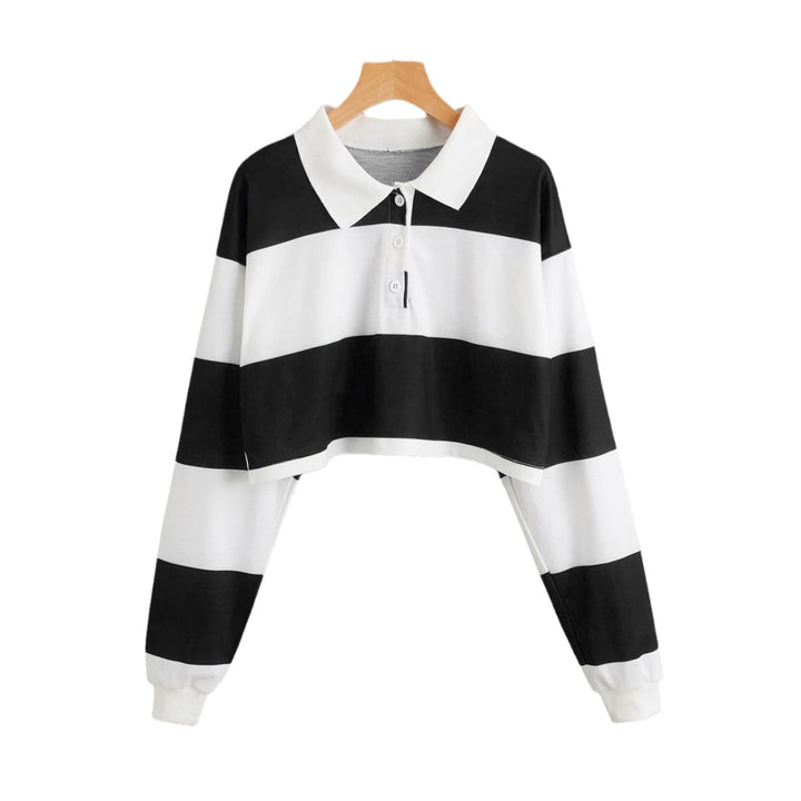 Women's Short Sleeve Polo Sweater with Colorful Stripes Lisslune