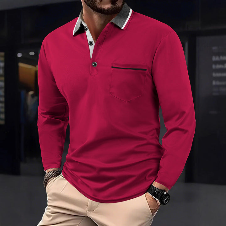 Men's Long Sleeve Polo Shirt with Textured Collar and Chest Pocket Lisslune