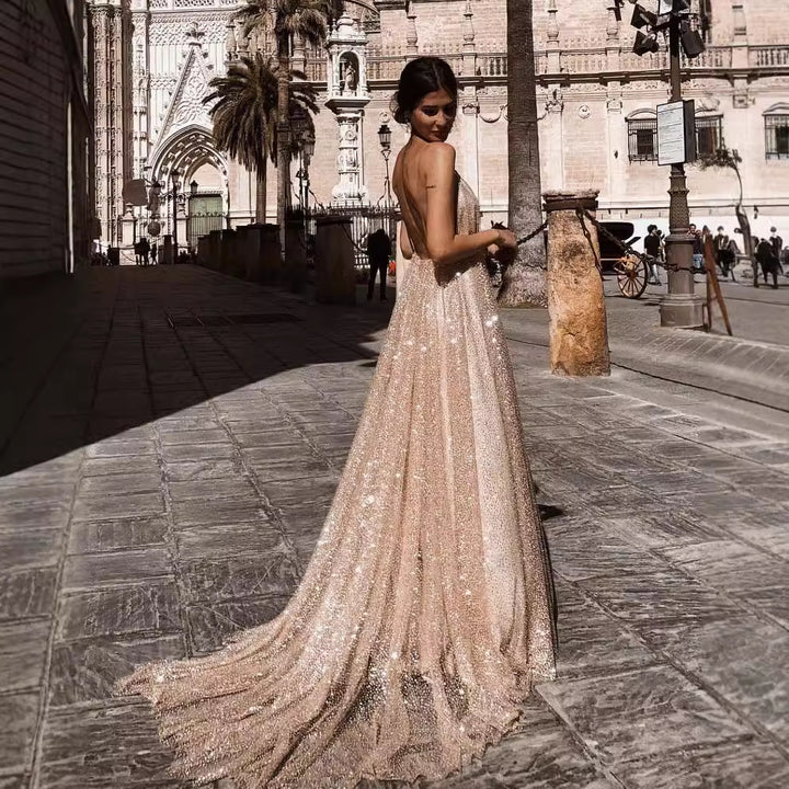 Ladies Glamorous Evening Dress with Deep V-Neck and Shining Sequins Lisslune