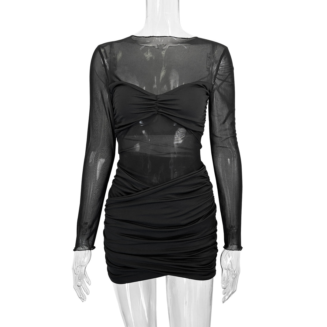 Damen Raffiniertes Minikleid mit transparenten Ärmeln und Rüschendetails Lisslune