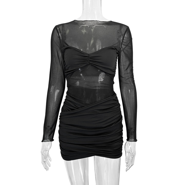 Damen Raffiniertes Minikleid mit transparenten Ärmeln und Rüschendetails Lisslune
