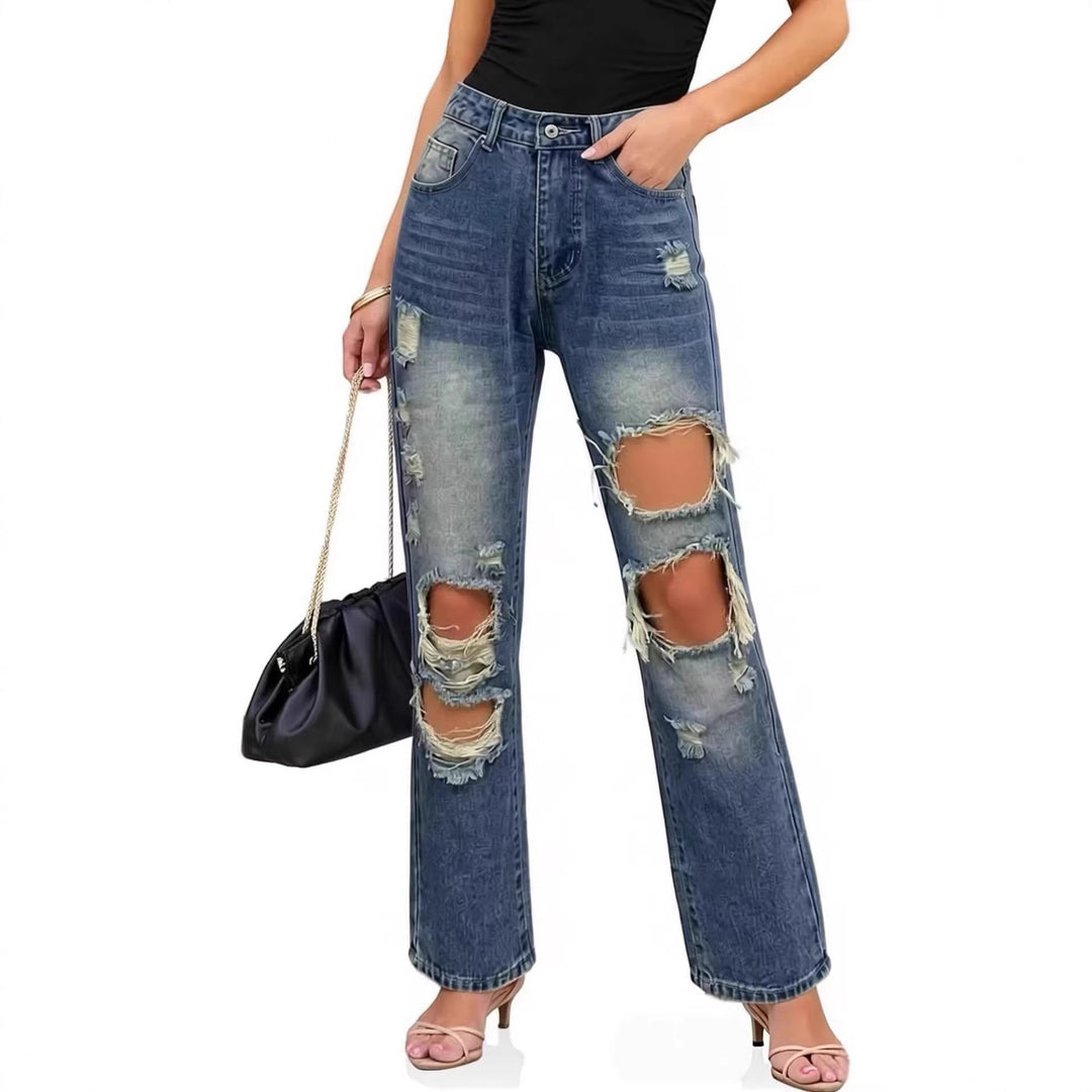 Women's casual destroyed jeans with wide legs and trendy ripped details Lisslune