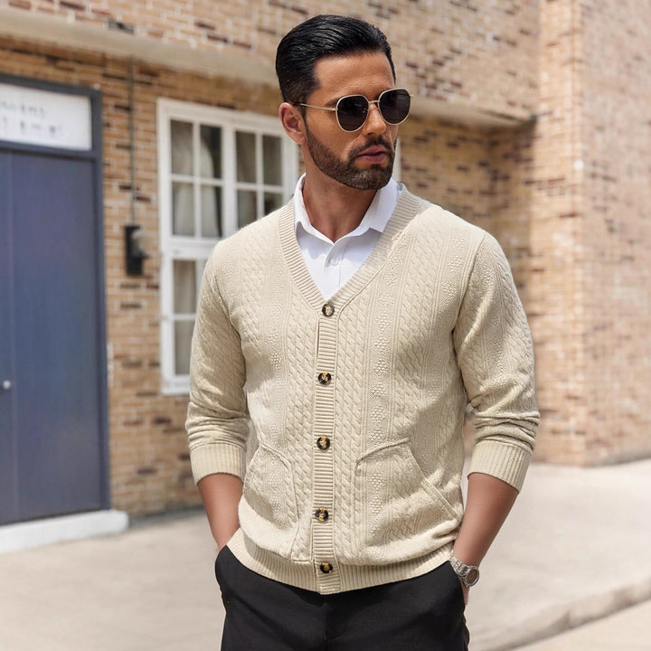 Men's stylish knitted cardigan with practical pockets and unique texture Lisslune