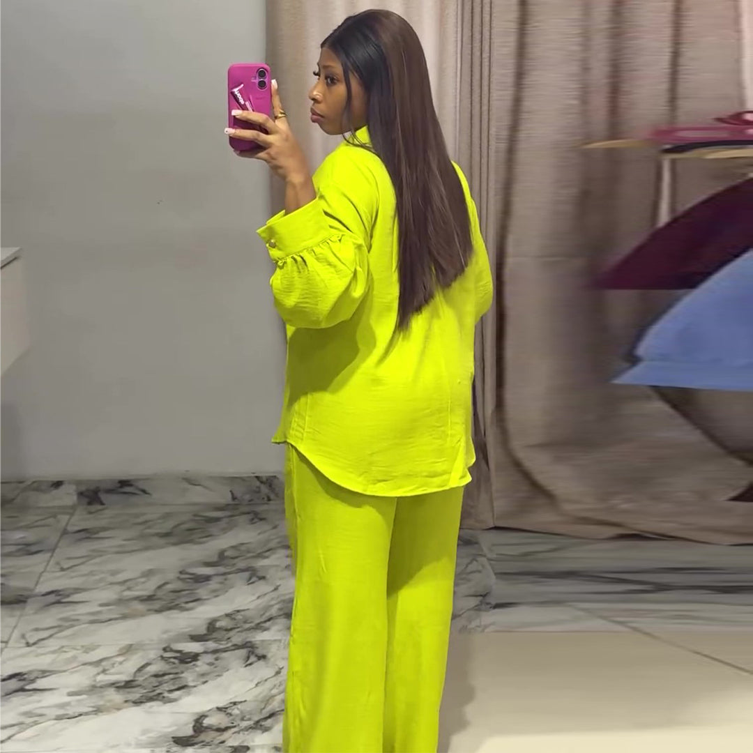 Women's casual two-piece set with long-sleeve blouse and wide pants