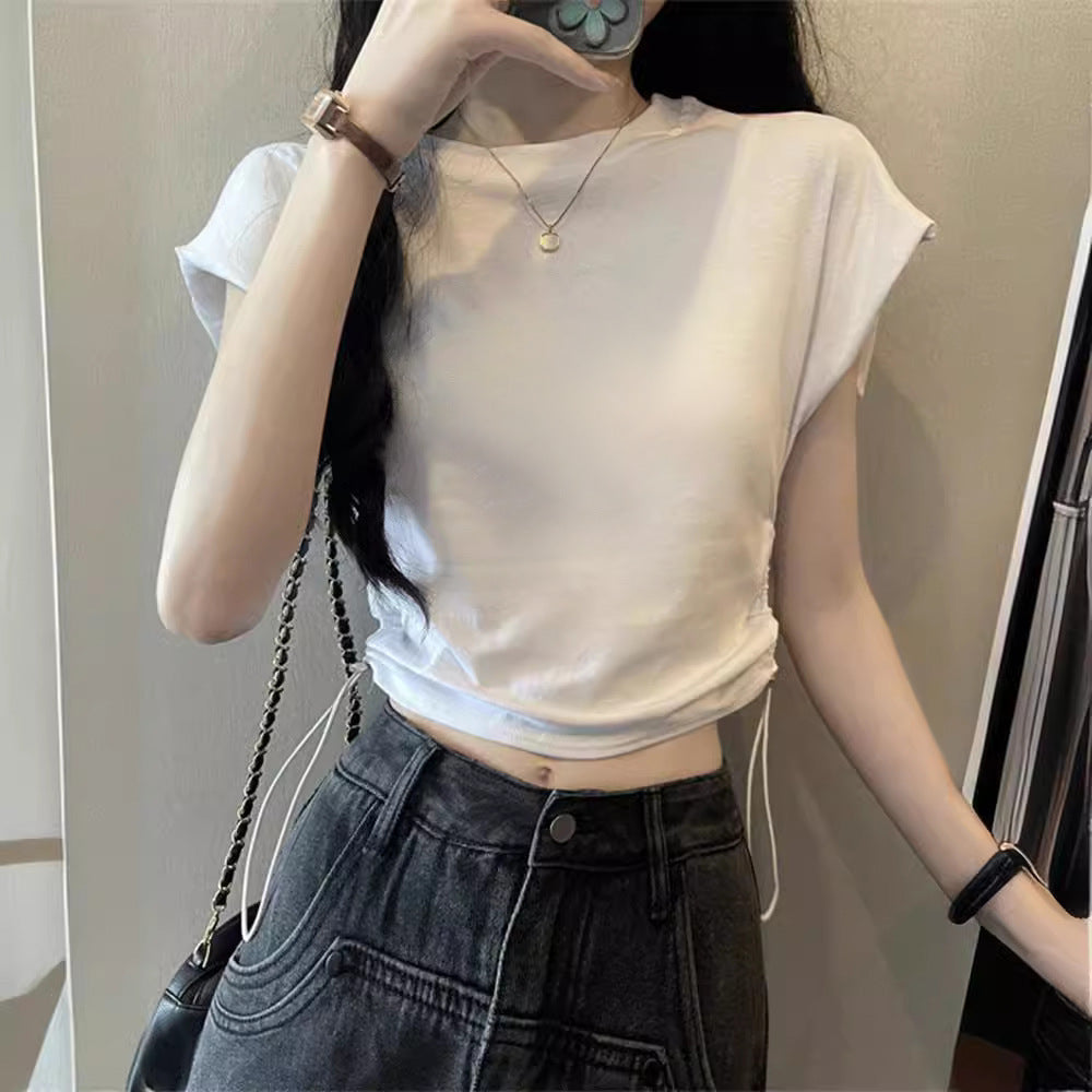 Women's Cropped T-Shirt with adjustable drawstring and trendy puff sleeves