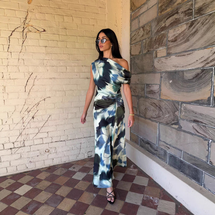 Women's sheath dress with asymmetric neckline and exquisite draping