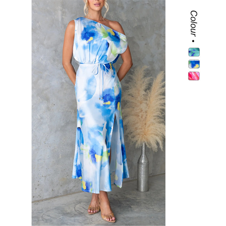 Women's maxi dress with asymmetrical design and flowing fabric