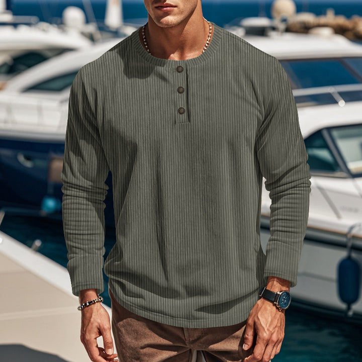 Men's long sleeve shirt with textured stand-up collar and practical button details Lisslune
