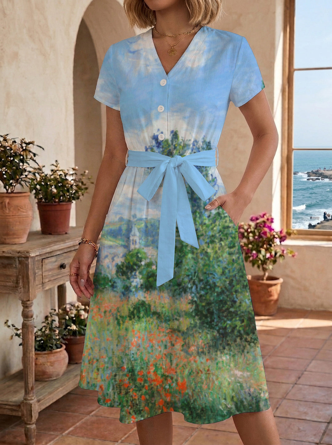 Women's Blooming Midi Dress with Adjustable Belt and Artistic Print Lisslune