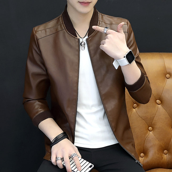 Men's fashionable synthetic leather jacket with sporty cut and practical zippered pockets Lisslune