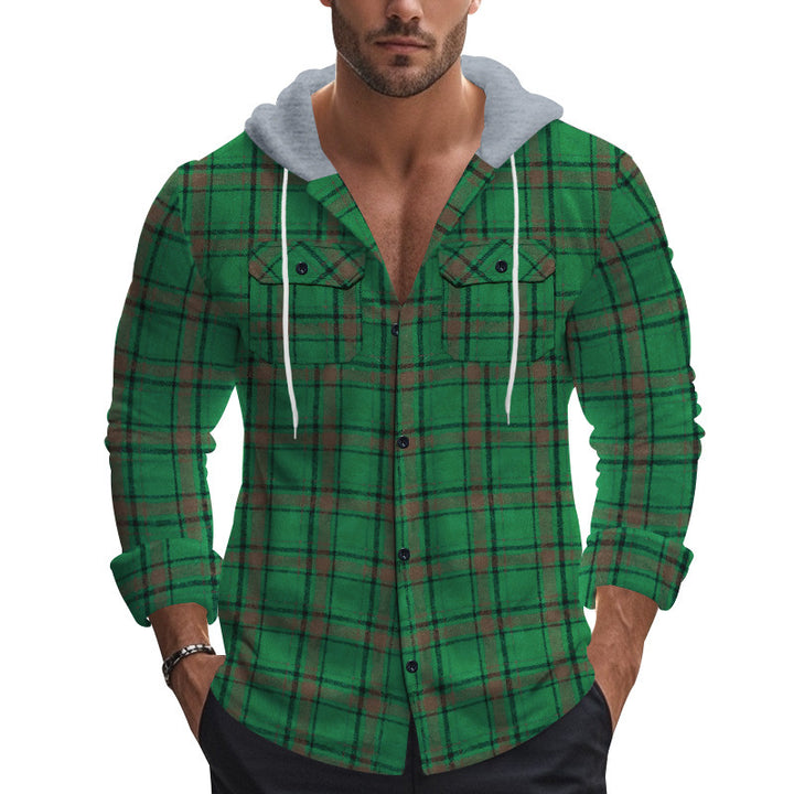 Men's Long Sleeve Shirt with Hoodie and Check Pattern Lisslune
