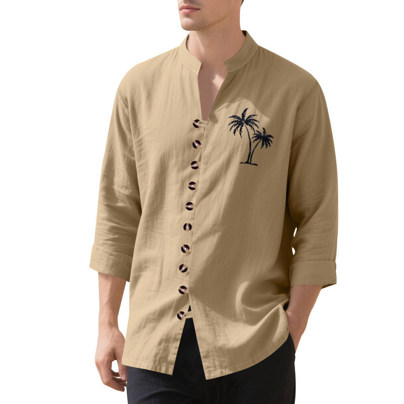 Men's long-sleeve shirt with embroidered palm motif and button placket Lisslune