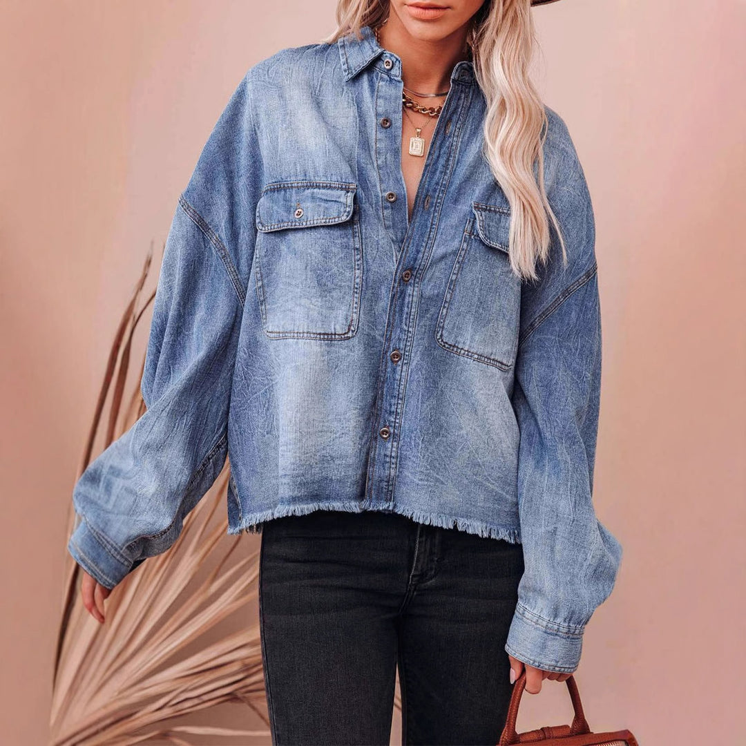 Women's Casual Denim Shirt Jacket with Fringed Cuffs and Practical Pockets Lisslune