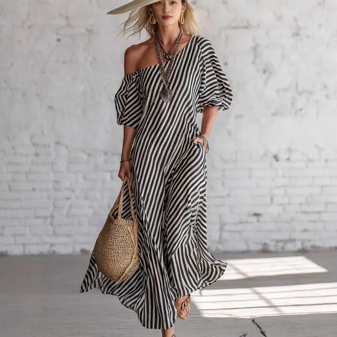Women's maxi dress with asymmetrical cut and striking stripes Lisslune