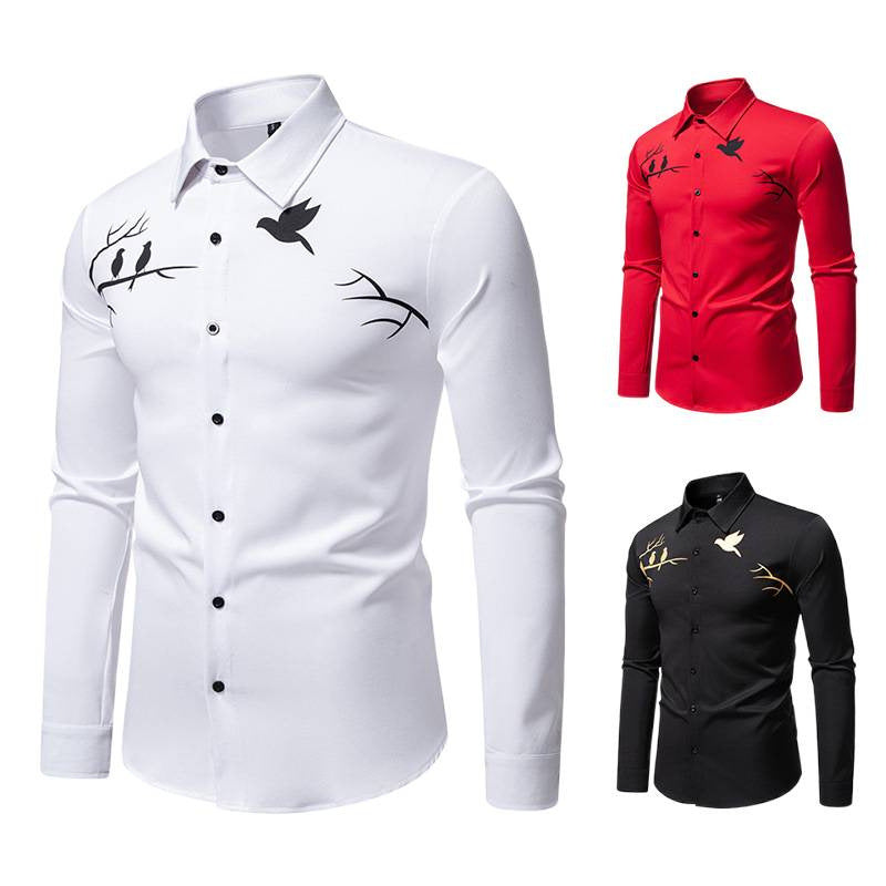 Men's Long Sleeve Shirt with Artistic Bird Motif Lisslune