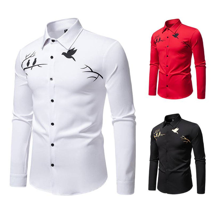 Men's Long Sleeve Shirt with Artistic Bird Motif Lisslune