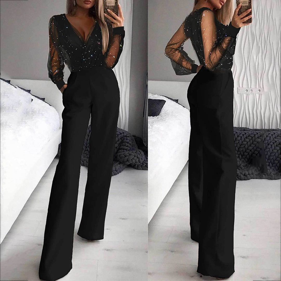 Women Elegant Jumpsuit with Transparent Sleeves and Sparkling Details Lisslune