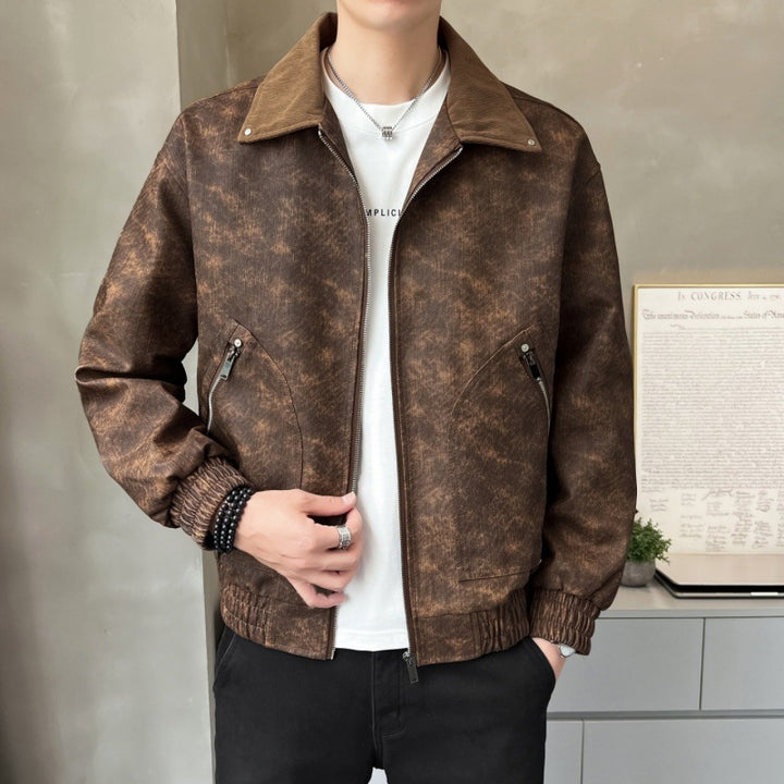Men's fashionable synthetic leather jacket with stylish stand-up collar and practical pockets Lisslune