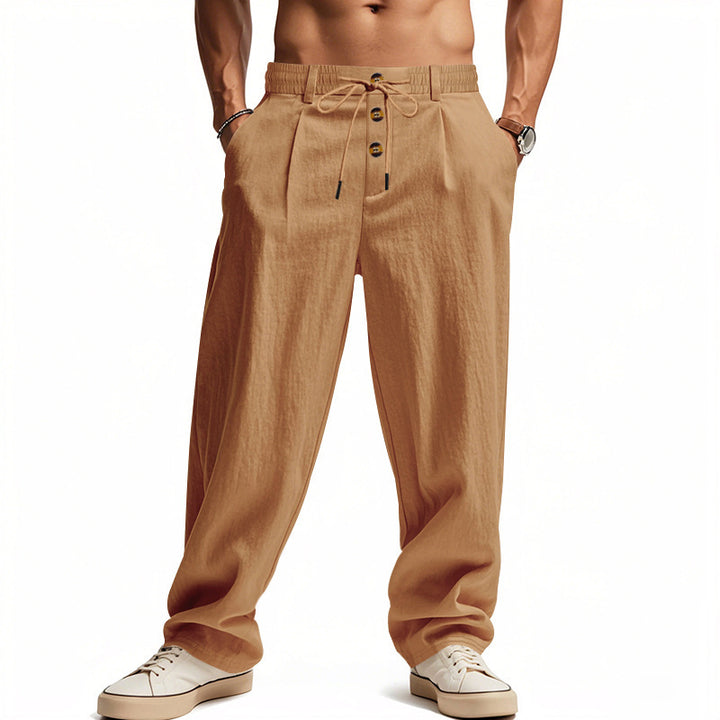 Men's casual loose-fitting leisure pants with elastic waistband and functional button details Lisslune